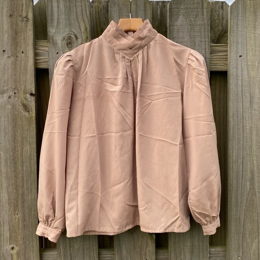 1980's Vintage Beige Polyester Silky Mock Turtleneck Blouse Women's sz M